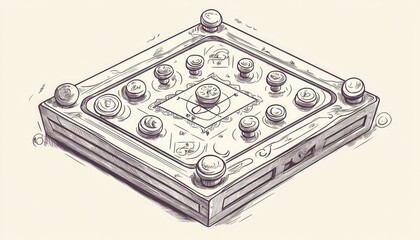 Wall Mural - Line art illustration of a carrom game featuring pieces and players on the board