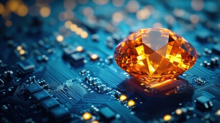 Poster - A large, gleaming, orange diamond rests on a circuit board, surrounded by glowing lights, symbolizing the intersection of luxury and technology.