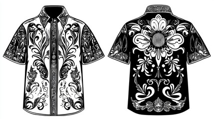 Line art illustration of a shirt featuring front and back designs with floral geometric ornamental and abstract motifs suitable for digital and screen fabric printing applications