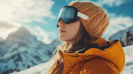 Wall Mural - portrait of woman in warm clothes and ski goggles looking away while standing against snowy mountains in winter  