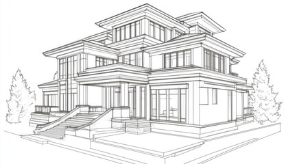 Line art depiction of a house featuring an architectural drawing in a three dimensional style