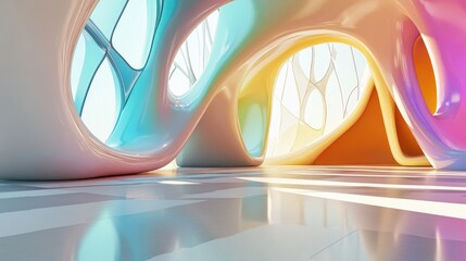 Abstract architectural interior featuring a smooth colored sculpture in a line art style 3D illustration and rendering
