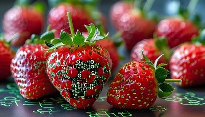 Wall Mural - Strawberry Merging Nature and Technology through Binary Code for Codename Strawberry LLM Model