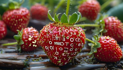 Wall Mural - Strawberry Merging Nature and Technology through Binary Code for Codename Strawberry LLM Model