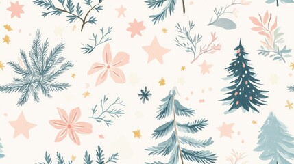 Winter seamless pattern featuring hand drawn floral illustrations Adorable pastel elements include spruce trees leaves and stars Ideal for textile prints pajamas wrapping paper and scrapbooking