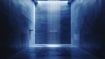 Wall Mural - A modern bathroom shower with a rain shower head. The shower is surrounded by grey tiles and a single light shines in the middle of the room.