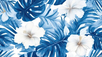 Tropical pattern featuring watercolor exotic flowers and monstera leaves Seamless design with white and blue plants including tropical palms and hibiscus flowers Ideal for a summer inspired backgr