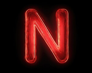 Hand drawn line art illustration of a luminous English letter N in red neon on a black background creating a subtle glow effect