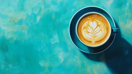 Poster - Top view of a cup of latte art coffee on a teal painted background.