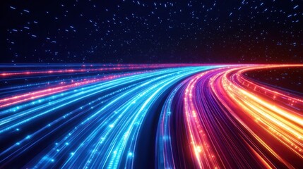 Poster - abstract digital background with colorful light trails and stars.