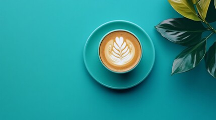 Poster - Top view of a cup of latte art coffee with green leaf on a turquoise background.