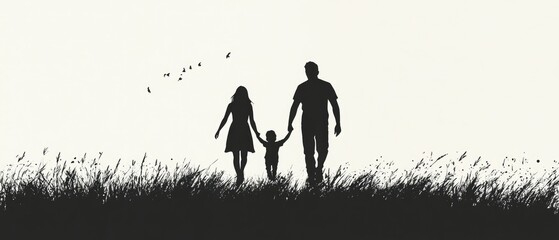 Line art illustration depicting a joyful family featuring a mother father and child walking together A minimalist silhouette representing the bond of parenting and happy childhood