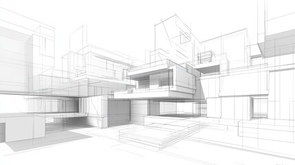 Line art depiction of contemporary modular architecture with a focus on an abstract facade in a three dimensional illustration