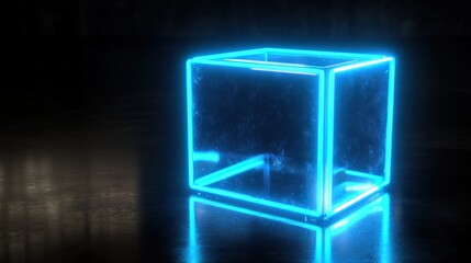 Wall Mural - a glowing blue neon cube sits on a reflective surface.