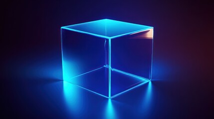 Wall Mural - A glowing blue neon cube on a dark background, with reflections.