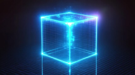 Poster - A glowing blue cube with a grid pattern on a black background.