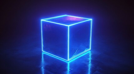 Wall Mural - A glowing blue cube with a neon outline on a reflective surface.