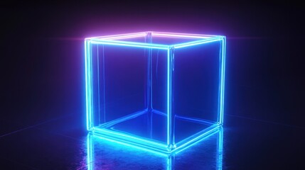 Wall Mural - a glowing blue and purple neon cube on a reflective surface, isolated against a black background.