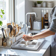 © VERTEX SPACE - A bright kitchen scene featuring an individual decluttering busy countertop, organizing utensils and kitchen tools in dish rack. sunlight enhances clean and tidy atmosphere
