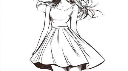 Line art illustration featuring a stylish cartoon woman in a short dress