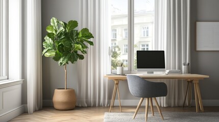 Wall Mural - Minimalist home office with a computer, a chair, a plant, and a large window.