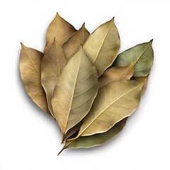 A group of six bay leaves are arranged in a fan shape on a white background. The leaves are dry and brown with visible veins. They are commonly used in cooking as a spice.