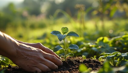 Canvas Print - Nurturing a Young Plant in a Serene Morning Garden