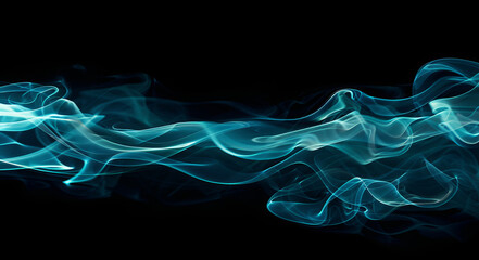 Futuristic abstract image of blue waves of smoke flowing gracefully against black background, creating mesmerizing visual effect that evokes sense of tranquility and depth