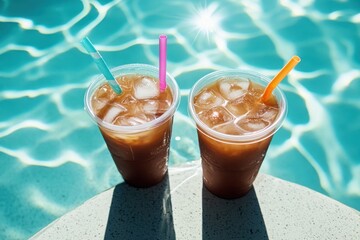 Two cups of iced coffee with plastic lids and colorful straws resting on a sunlit table beside