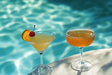 Two elegant cocktails placed poolside one garnished with an orange slice