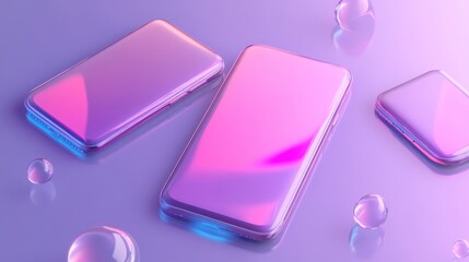 Wall Mural - three iridescent smartphones with blank screens lay on a purple background with translucent spheres 