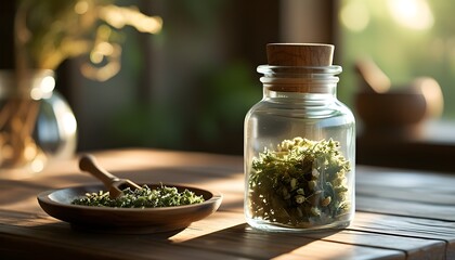 Wall Mural - Serene glass jar of dry herbs under soft light, embodying natural remedies and a calming atmosphere