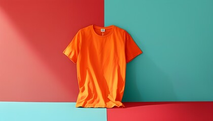 Striking composition of an orange t-shirt against a vibrant teal and red background, blending simplicity with bold colors