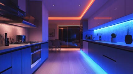 Wall Mural - Modern kitchen with blue and orange LED lights under cabinets and along baseboards.