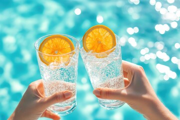 Two hands holding up glasses of sparkling cocktails with orange slices clinking by the edge