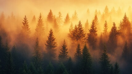 Wall Mural - A misty forest bathed in golden sunlight, with tall evergreen trees silhouetted against the warm glow.