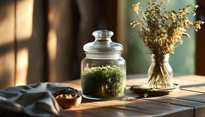 Wall Mural - Serene glass jar of dry herbs under soft light, embodying natural remedies and a calming atmosphere