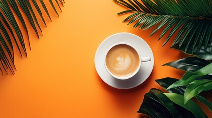 Poster - Top view of cup of coffee on orange background with tropical leaves.