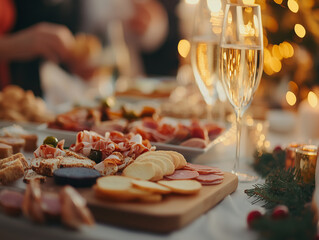 Guests are enjoying an elegant holiday gathering with a beautifully arranged assortment of gourmet appetizers and sparkling drinks, illuminated by soft festive lights