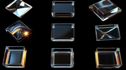 Wall Mural - A collection of nine transparent glass squares isolated on a black background. Some have a bevelled edge while others have a smooth surface.