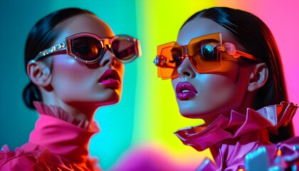 Wall Mural - Futuristic fashion statement with bold makeup and oversized sunglasses against a vibrant multi-colored backdrop