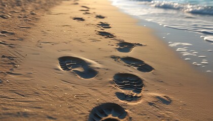 Textured sandy surface adorned with shoe impressions, evoking memories of summer warmth and relaxing beach strolls