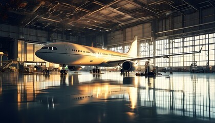 Wall Mural - Airplane Maintenance in a Bright Hangar with Dedicated Technicians at Work