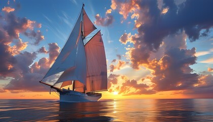 Wall Mural - Timeless adventure of a majestic sailing ship gliding over calm waters beneath a dramatic, cloud-speckled sunset sky