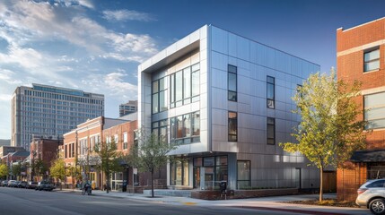 Wall Mural - a modern urban infill housing project with sleek, metallic james hardie siding, set in a bustling do