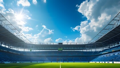 Vibrant sunny day at a football stadium with a lush green pitch under a clear blue sky and fluffy clouds, perfect for outdoor sports and nature enjoyment