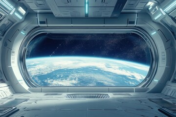 a futuristic space station interior with a large window view of earth.