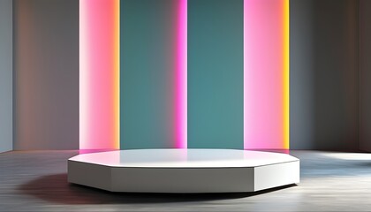 Wall Mural - Abstract 3D Studio Stage with Pastel Gradient Lighting and Blurred Gray Backdrops for Product Display