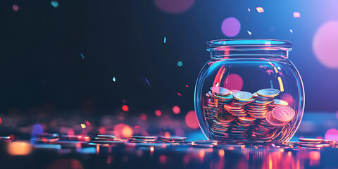 Wall Mural - A glass jar filled with gold coins sits on a table with a dark background. The jar is illuminated by blue and pink lights, creating a festive and celebratory atmosphere.