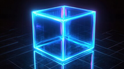 Poster - a glowing blue cube with a slight pink hue sits on a grid-like surface, reflecting off the smooth, d